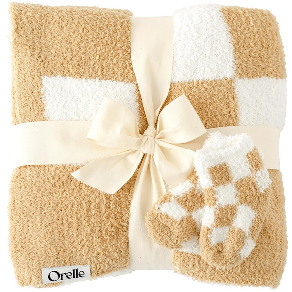 Orelle Checkered Baby Blanket & Matching Socks Set | Cozy Baby Blanket | Soft Plush Blankie | Gender Neutral Checkered Nursery Decor | Newborn Registry Must Have | Beige