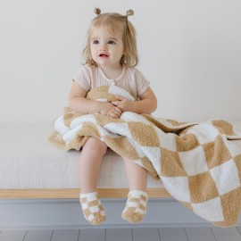 Orelle Checkered Baby Blanket & Matching Socks Set | Cozy Baby Blanket | Soft Plush Blankie | Gender Neutral Checkered Nursery Decor | Newborn Registry Must Have | Beige