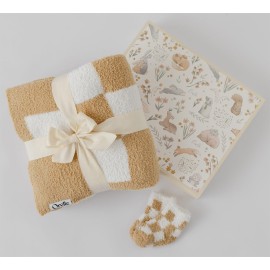 Orelle Checkered Baby Blanket & Matching Socks Set | Cozy Baby Blanket | Soft Plush Blankie | Gender Neutral Checkered Nursery Decor | Newborn Registry Must Have | Beige