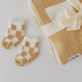 Orelle Checkered Baby Blanket & Matching Socks Set | Cozy Baby Blanket | Soft Plush Blankie | Gender Neutral Checkered Nursery Decor | Newborn Registry Must Have | Beige