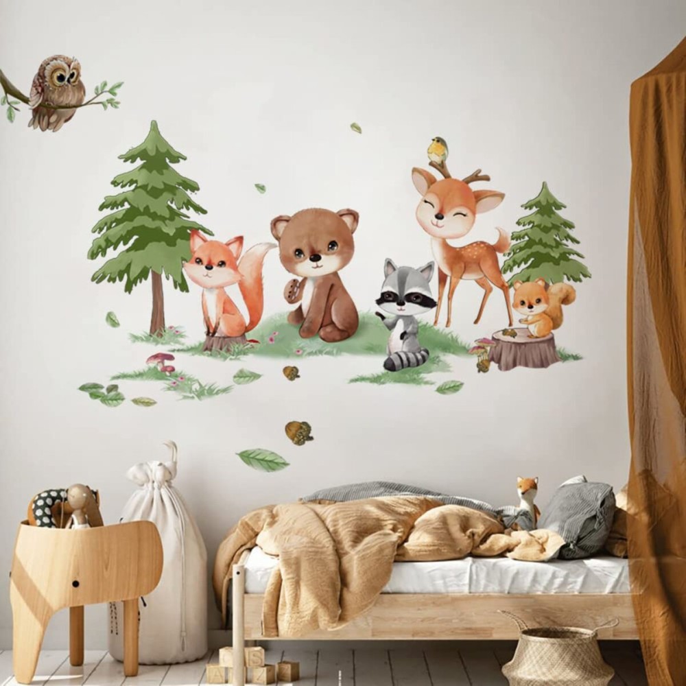 Runtoo Forest Animals Wall Decals Bear Fox Tree Woodland Wall Stickers for Kids Bedroom Nursery Wall Decor