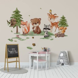 Runtoo Forest Animals Wall Decals Bear Fox Tree Woodland Wall Stickers for Kids Bedroom Nursery Wall Decor