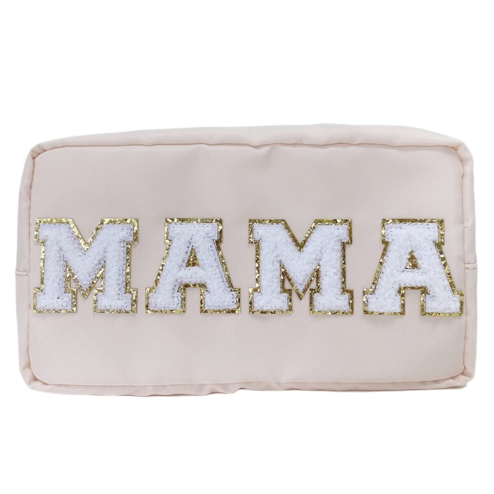 ACAMAL Chenille Letter Bag Mama Gift Makeup Bag Nylon Cosmetic Bag with Varsity Patch Makeup Pouch Bag Gift Toiletry Bag For Travel