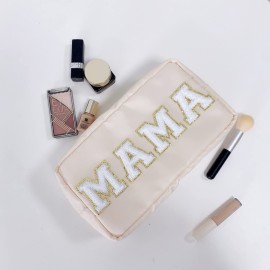 ACAMAL Chenille Letter Bag Mama Gift Makeup Bag Nylon Cosmetic Bag with Varsity Patch Makeup Pouch Bag Gift Toiletry Bag For Travel