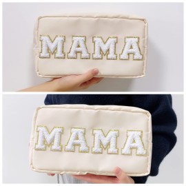 ACAMAL Chenille Letter Bag Mama Gift Makeup Bag Nylon Cosmetic Bag with Varsity Patch Makeup Pouch Bag Gift Toiletry Bag For Travel