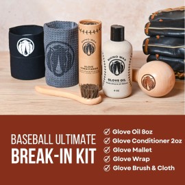 Rhino Wax - Baseball Glove Ultimate Break-in Kit - Includes Premium Oil for Ball Gloves, Mitt Conditioner, Hardwood Mallet, Wrap, Brush, and Microfiber Cloth - This is How to Break in a Glove Fast