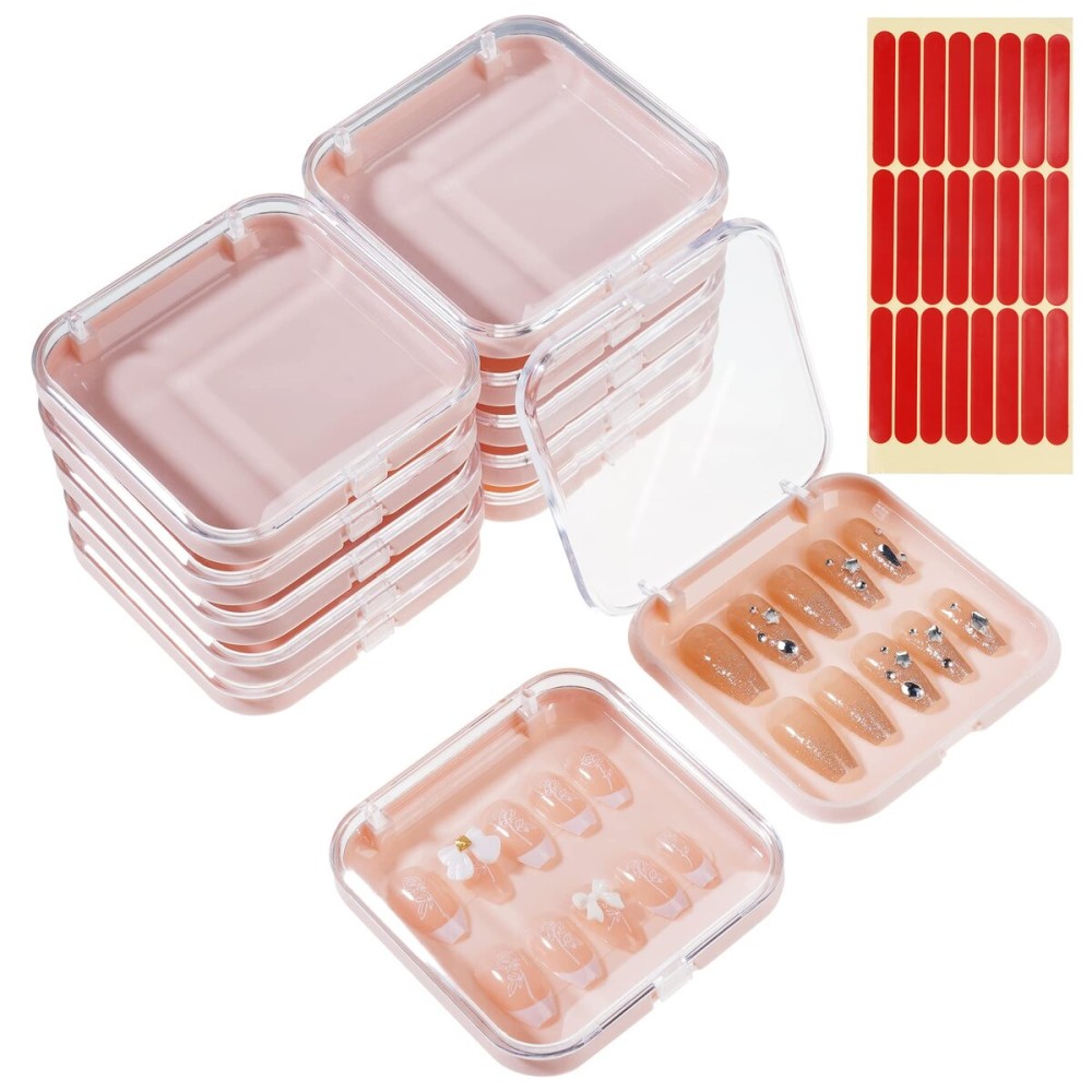 ISKYBOB 12 Packs Press On Nails Storage Boxes, Fake Nails Packing Cases with Tape Pink Nail Display Box for Home DIY, Nail Salon (3.3 x 3.3in)