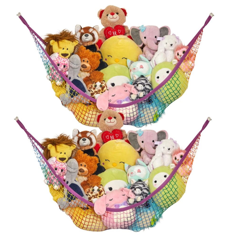 Lilly\'s Love Stuffed Animal Hammock | Corner Hanging Organizer, Stuffed Animal Storage | Easy to Hang Plushie Net w/Included Anchors & Hooks | Cute Room & Bedroom Decor (Rainbow, 2 Pack)