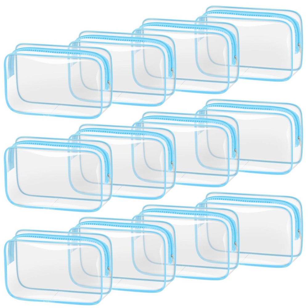 TISRATOK 12 PCS Clear Makeup Bag for Women with Zipper, TSA Approved Toiletry Pouch, Cosmetic Bag Bulk for Travel Organizer Essentials - Blue,Medium