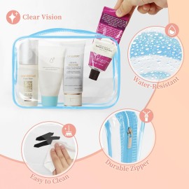TISRATOK 12 PCS Clear Makeup Bag for Women with Zipper, TSA Approved Toiletry Pouch, Cosmetic Bag Bulk for Travel Organizer Essentials - Blue,Medium