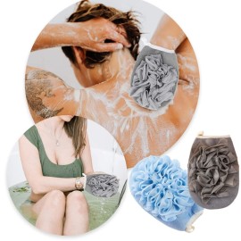 2 Pcs Bath Shower Pouf Sponge 2 in 1 Exfoliating Mesh Pouf Sponge Loofah Bath Glove with Elastic Hand Strap for Women Men Kid Bathroom