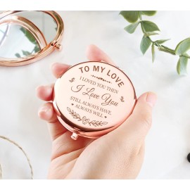 LRUIOMVE Romantic Anniversary Valentines Gifts, Inspirational Rose Gold Engraved Travel Makeup Mirror, Compact Pocket Cosmetic Mirror for Wife Girlfriend Birthday Valentines Day Anniversary