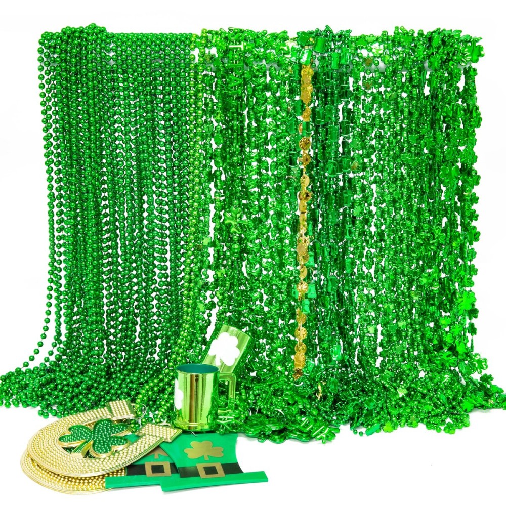 96PCS St. Patricks Day Necklace, 10 Kinds of St Patricks Beads Accessories, Metallic Irish Shamrock Beer Mug Coins Pendants Beads, Adult St Patricks Necklaces Bulk for Parade Party Supplies Favors