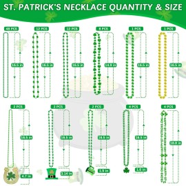 96PCS St. Patricks Day Necklace, 10 Kinds of St Patricks Beads Accessories, Metallic Irish Shamrock Beer Mug Coins Pendants Beads, Adult St Patricks Necklaces Bulk for Parade Party Supplies Favors