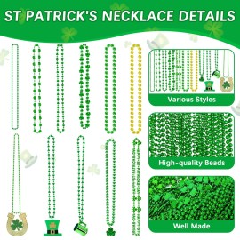 96PCS St. Patricks Day Necklace, 10 Kinds of St Patricks Beads Accessories, Metallic Irish Shamrock Beer Mug Coins Pendants Beads, Adult St Patricks Necklaces Bulk for Parade Party Supplies Favors