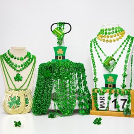 96PCS St. Patricks Day Necklace, 10 Kinds of St Patricks Beads Accessories, Metallic Irish Shamrock Beer Mug Coins Pendants Beads, Adult St Patricks Necklaces Bulk for Parade Party Supplies Favors