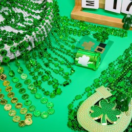 96PCS St. Patricks Day Necklace, 10 Kinds of St Patricks Beads Accessories, Metallic Irish Shamrock Beer Mug Coins Pendants Beads, Adult St Patricks Necklaces Bulk for Parade Party Supplies Favors