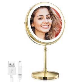 AMZNEVO Rechargeable 8\'\' Lighted Makeup Mirror, 1X 10X Magnifying Vanity Mirror with 3 Color LED Lights, Touch Sensor Adjust Brightness Double-Sided Cosmetic Mirror, Gold Finish