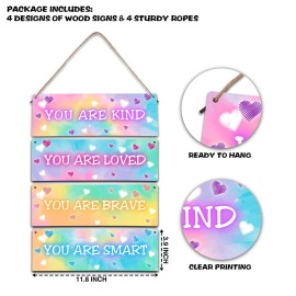 4 Pieces Tie Dye Decor Kids Room Wall Decor Wooden Sign - Motivational Wall Art For Kids Room Nursery Playroom Classroom - You Are Loved You Are Brave You Are Kind You Are Smart(Sign-04)
