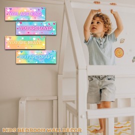 4 Pieces Tie Dye Decor Kids Room Wall Decor Wooden Sign - Motivational Wall Art For Kids Room Nursery Playroom Classroom - You Are Loved You Are Brave You Are Kind You Are Smart(Sign-04)