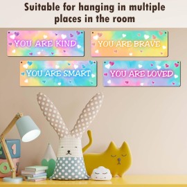 4 Pieces Tie Dye Decor Kids Room Wall Decor Wooden Sign - Motivational Wall Art For Kids Room Nursery Playroom Classroom - You Are Loved You Are Brave You Are Kind You Are Smart(Sign-04)