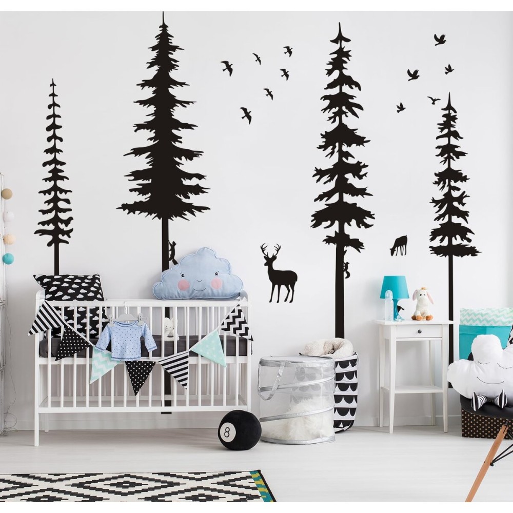 Pine Tree Wall Decals - Woodland Vinyl Stickers with Animal Wall Stickers - Squirrels & Deers - Kids Nursery & Living Room Decoration (Black)
