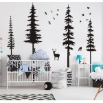 Pine Tree Wall Decals - Woodland Vinyl Stickers with Animal Wall Stickers - Squirrels & Deers - Kids Nursery & Living Room Decoration (Black)