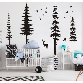 Pine Tree Wall Decals - Woodland Vinyl Stickers with Animal Wall Stickers - Squirrels & Deers - Kids Nursery & Living Room Decoration (Black)