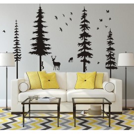 Pine Tree Wall Decals - Woodland Vinyl Stickers with Animal Wall Stickers - Squirrels & Deers - Kids Nursery & Living Room Decoration (Black)