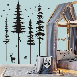 Pine Tree Wall Decals - Woodland Vinyl Stickers with Animal Wall Stickers - Squirrels & Deers - Kids Nursery & Living Room Decoration (Black)