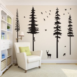 Pine Tree Wall Decals - Woodland Vinyl Stickers with Animal Wall Stickers - Squirrels & Deers - Kids Nursery & Living Room Decoration (Black)