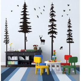 Pine Tree Wall Decals - Woodland Vinyl Stickers with Animal Wall Stickers - Squirrels & Deers - Kids Nursery & Living Room Decoration (Black)