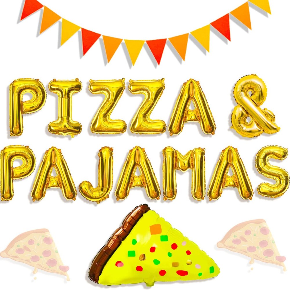 LaVenty Pizza & Pajamas Balloons Slumber Party Decoration Girls Night Decoration Pizza Balloons Birthday Decoration