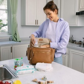 Omanmoli Diaper Bag Backpack Large Baby Diaper Bag Leather with 17 Diaper Bag Organizing Pouches,Changing Pad,Stroller Straps,4 Insulated Pockets,Brown