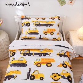 NTBED 4 Pieces Construction Toddler Bedding Set for Baby Boys, Truck Vehicles Excavator Cars Printed, Includes Comforter, Flat Sheet, Fitted Sheet and Pillowcase,White