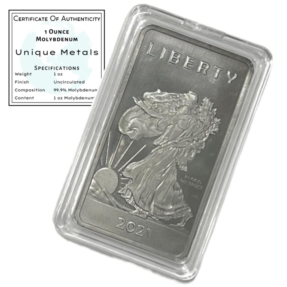 Molybdenum Metal Bar w/COA - 1 Troy Ounce Molybdenum Metal .999 Pure Bullion Bar with Walking Liberty Design Paperweight and Certificate of Authenticity