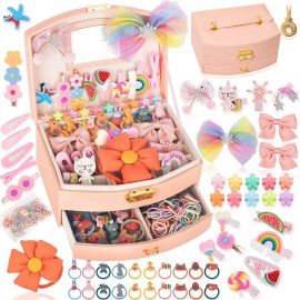 ONECOCOA Hair Accessories Set for Girls: Jewelry Box, Hair Clips, Barrettes, Ties, Bows - Teen Girl Gift for Ages 4-12 (Pink)