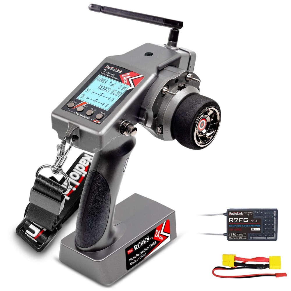 Radiolink RC6GS V3 7 Channels RC Transmitter and R7FG Gyro Receiver, 2.4GHz 600m RC Remote, Voltage Telemetry RC Controller and Receiver kit for Remote Control Car, Boats, Truck, Buggy, Crawler