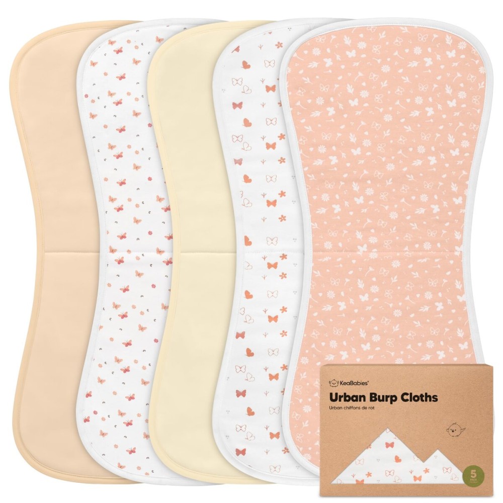 Organic Burp Cloths Baby Boy & Girl - 5-Pack Super Absorbent Cotton Burping Cloths for Babies, Soft & Plush Newborn Spit Up Rags, Infant Towels for Milk Spit Up, Unisex, Large 21 x 10 (Butterflies)