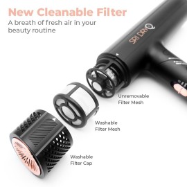 Skin Research Institute DryQ Smart Hair Dryer - Super Lightweight, Foldable - Powerful, Quiet Motor - Infrared and Ionic Technology - 3 Magnetic Attachments - Heat Control with Locking Switch