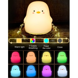 Penguin Night Light, USB Rechargeable Silicone LED Night Light for Kids, Multicolor Cute Nursery Night Lights with Warm White and 7-Color Breathing Mode,Christmas Gift for Kids Baby Children Bedrooms