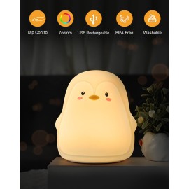 Penguin Night Light, USB Rechargeable Silicone LED Night Light for Kids, Multicolor Cute Nursery Night Lights with Warm White and 7-Color Breathing Mode,Christmas Gift for Kids Baby Children Bedrooms