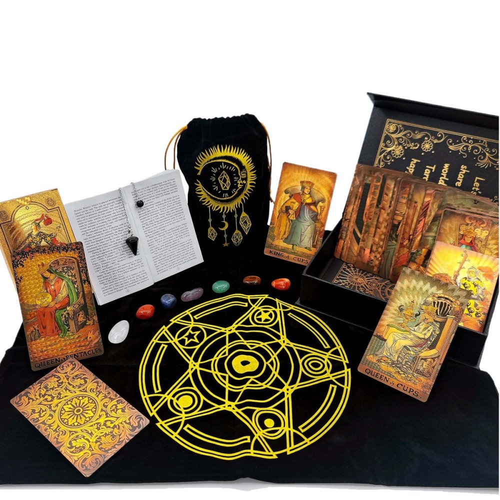 KLKOKVKE Tarot Cards Set for Beginners with Guide Book, Meanings on Them, PVC Waterproof, Including Card Holder, Table Mat, Seven Chakra Stones, and Crystal Pendulum(Golden 05)