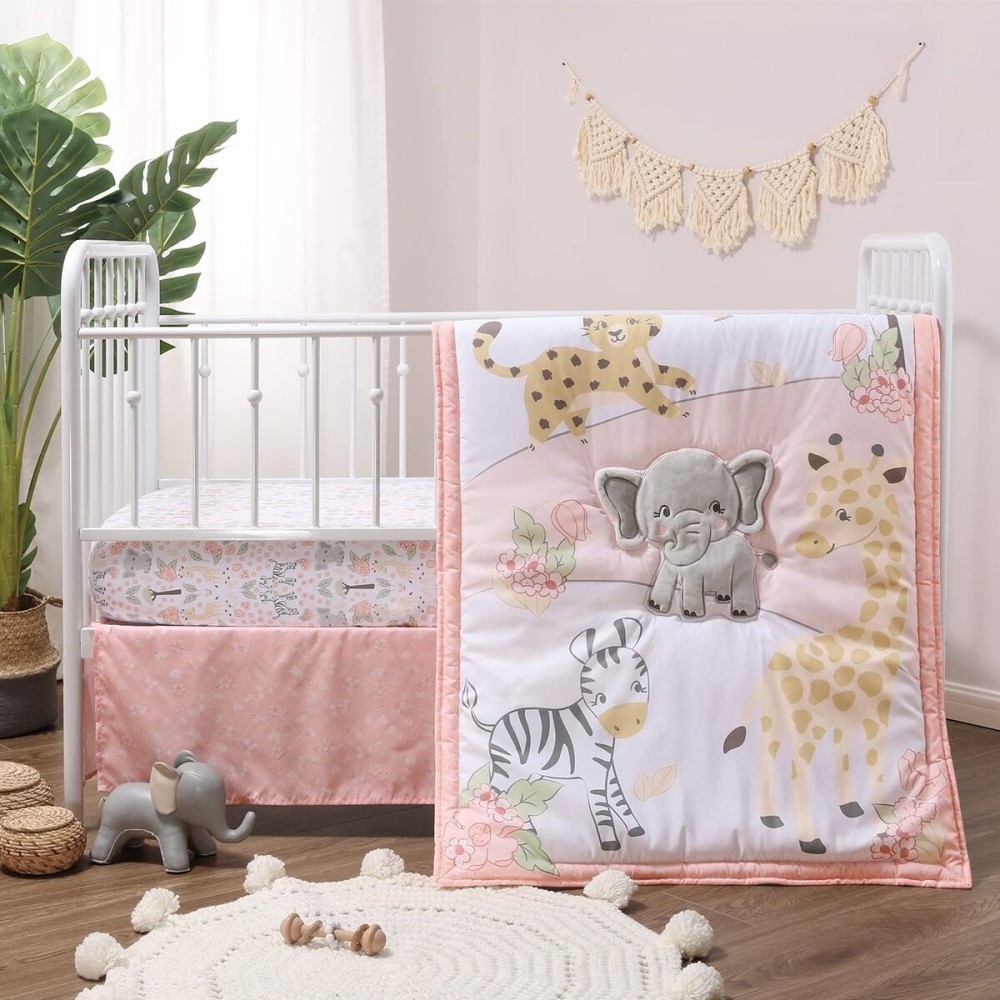 The Peanutshell 3 Piece Baby Crib Bedding Set for Girls - Newborn, Infant & Toddler Nursery Bed Set Decor with Fitted Crib Sheet, Dust Ruffle Comforter - Wildest Dreams