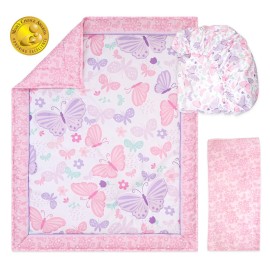 The Peanutshell 3 Piece Baby Crib Bedding Set for Girls - Newborn, Infant & Toddler Nursery Bed Set Decor with Fitted Crib Sheet, Dust Ruffle Comforter - Butterfly Song