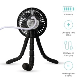 Lulyboo Rechargeable Stroller Fan, Flexible Tripod Clip-On for Baby Fan, Black