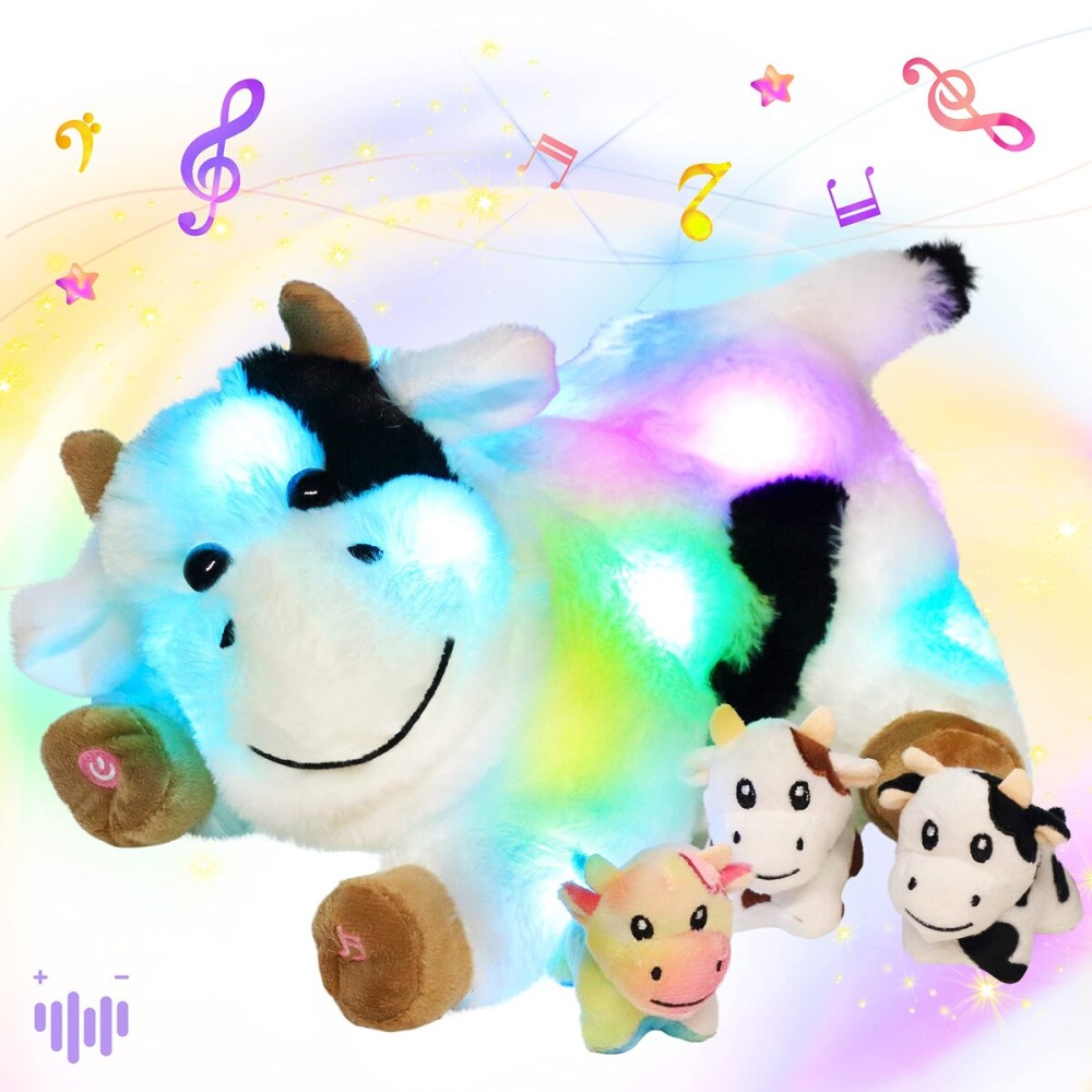 Hopearl LED Musical Stuffed Cow Lighting Up Singing Plush Toy Playset Mommy Cow with 3 Baby Dairy Cows in her Tummy Adjustable Volume Lullaby Animated Soothe for Mom Kids, 15\'\'