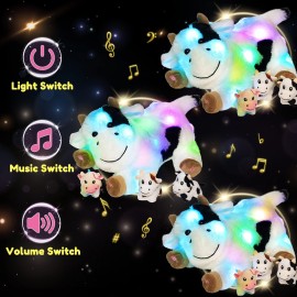Hopearl LED Musical Stuffed Cow Lighting Up Singing Plush Toy Playset Mommy Cow with 3 Baby Dairy Cows in her Tummy Adjustable Volume Lullaby Animated Soothe for Mom Kids, 15\'\'
