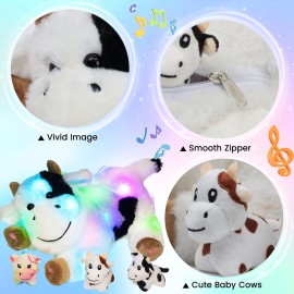 Hopearl LED Musical Stuffed Cow Lighting Up Singing Plush Toy Playset Mommy Cow with 3 Baby Dairy Cows in her Tummy Adjustable Volume Lullaby Animated Soothe for Mom Kids, 15\'\'