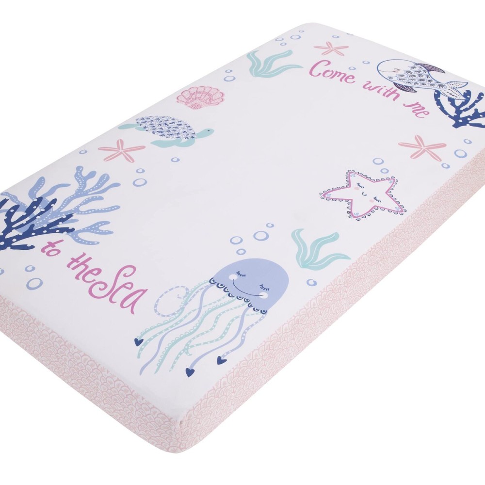 NoJo Mermaid Lagoon Pink, Blue, and White Come with me to The Sea 100% Cotton Photo Op Fitted Crib Sheet